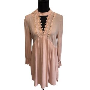 Skylar & Jade Medium Pink Babydoll Mini Dress Lace Boho Bishop Sleeve